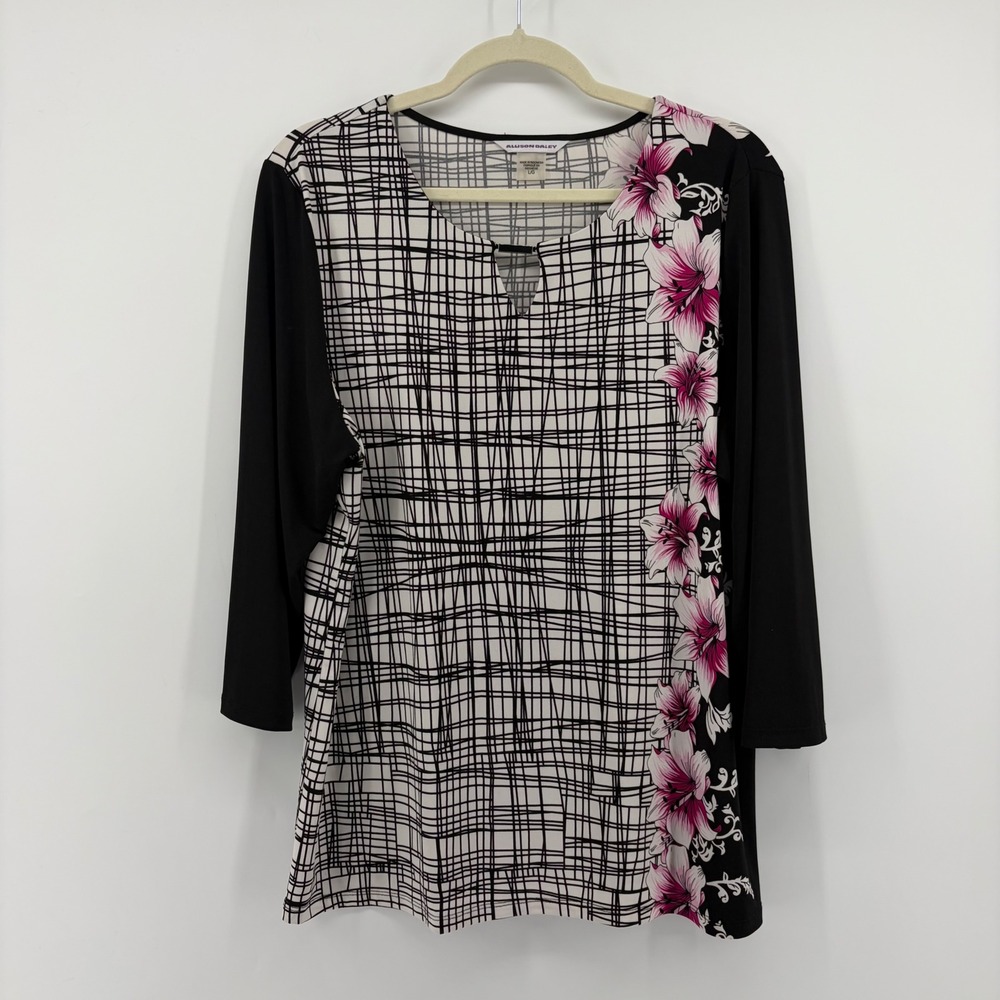 Allison Daley Women Large Black White Pink Floral Grid 3/4 Sleeve Keyhole Blouse